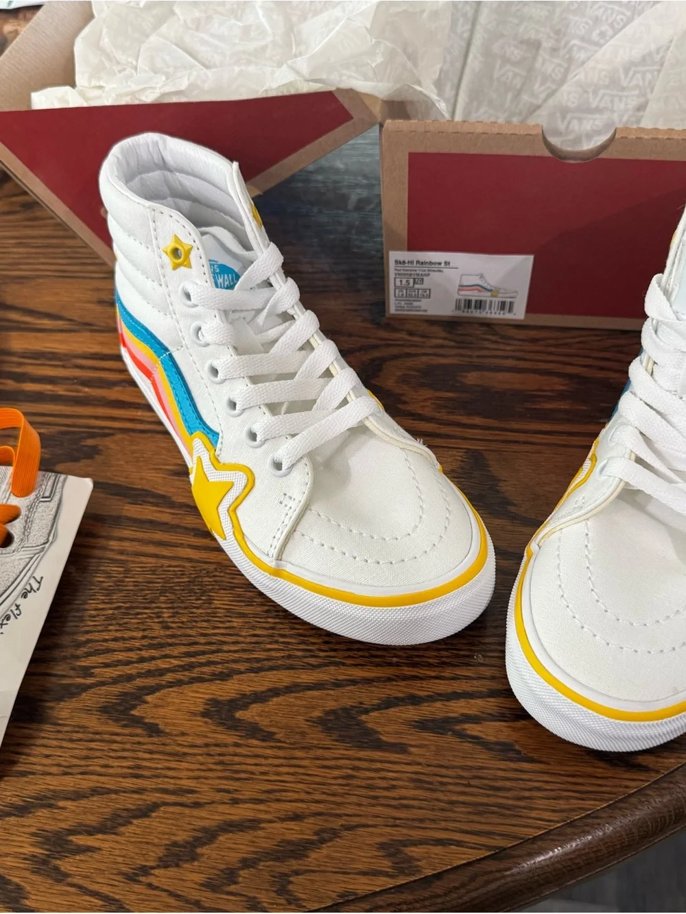 Kids' Vans - White sk8 Hi Sneakers with Rainbow Stripe and Yellow Star
